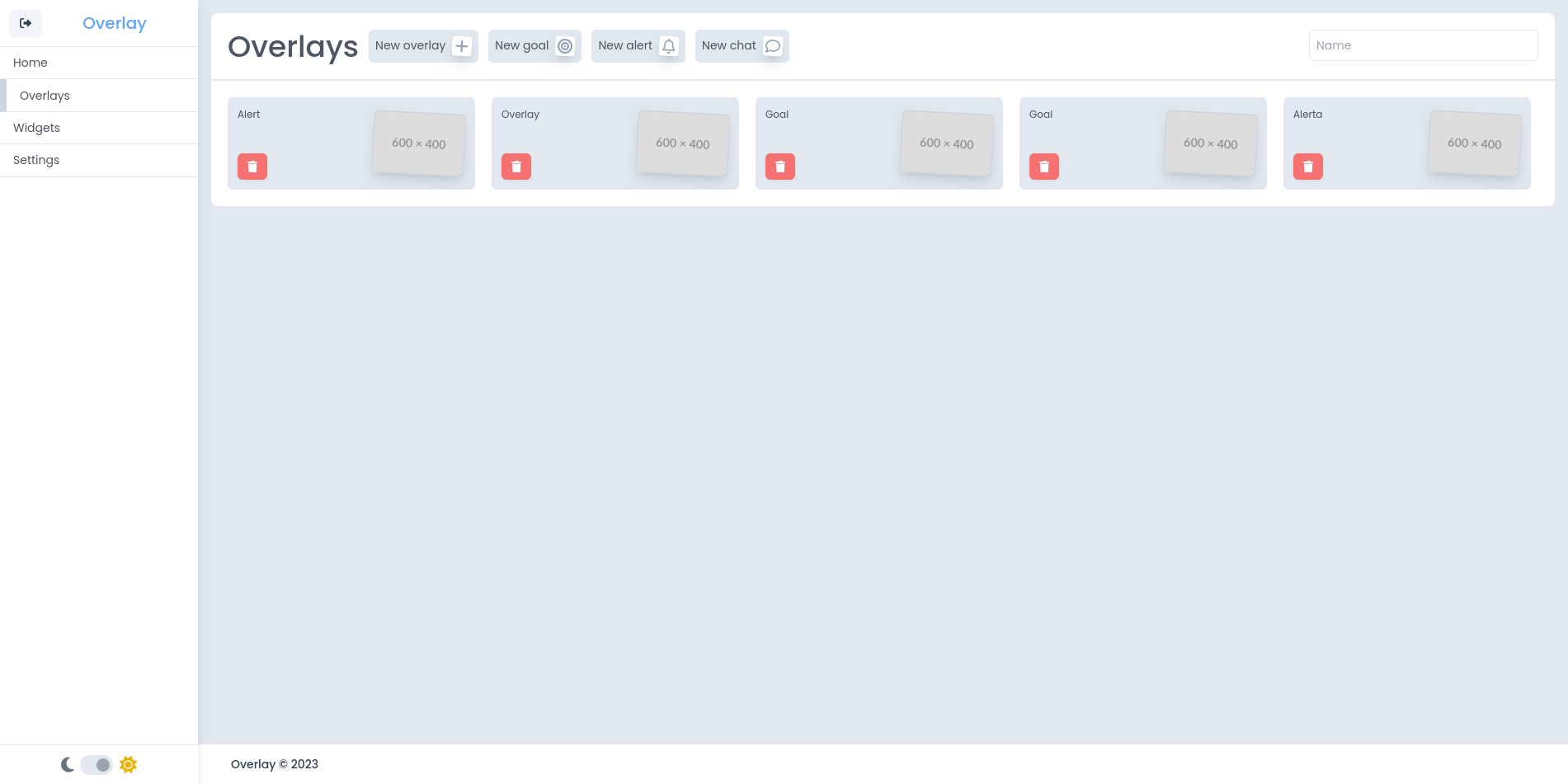 Lista de overlays cadastrados